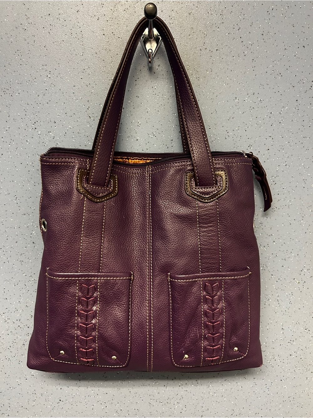 Tignanello Plum Leather Tote with Braided Front Pockets